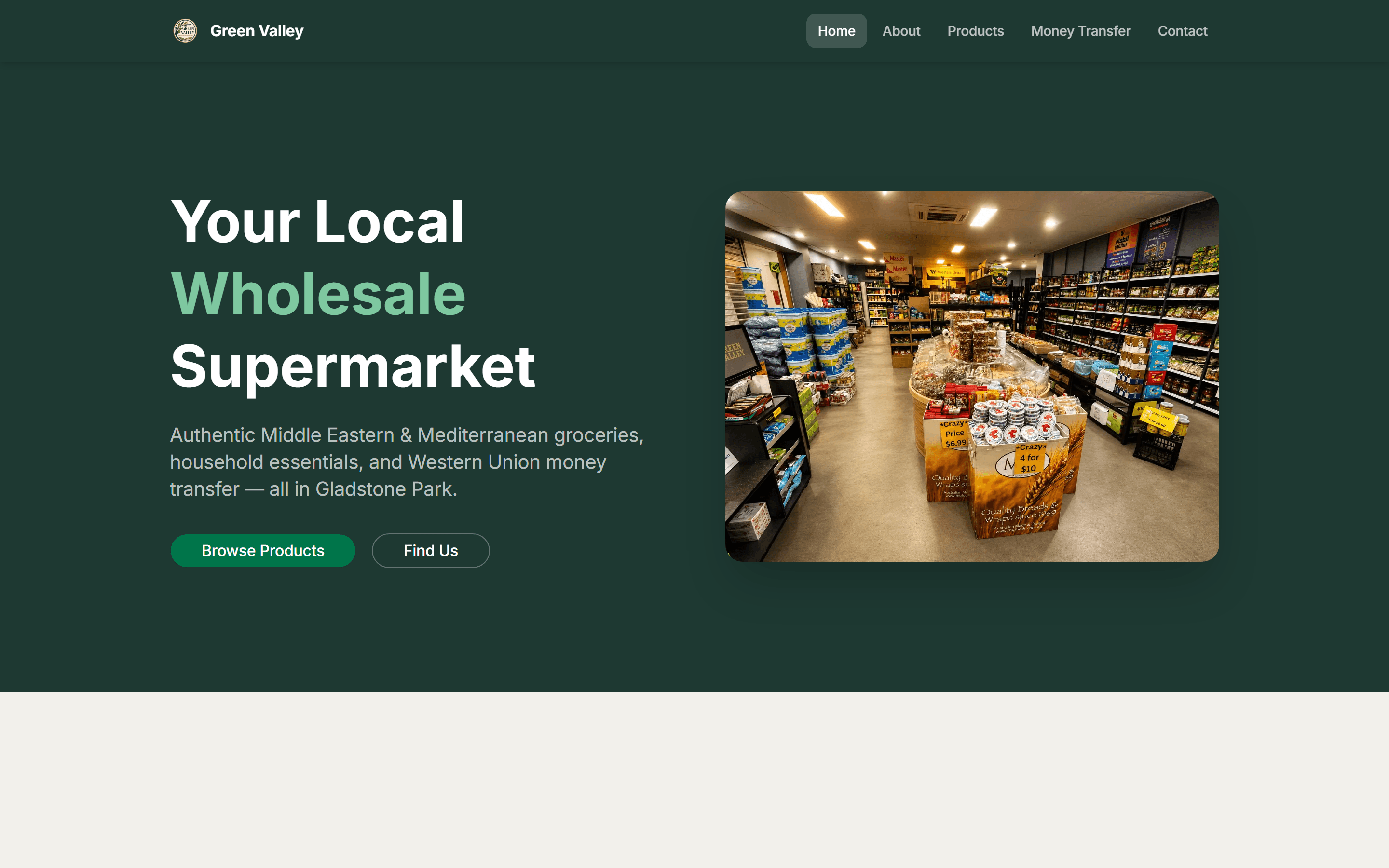 The Green Valley Wholesale Supermarket website shown on a laptop and phone.
